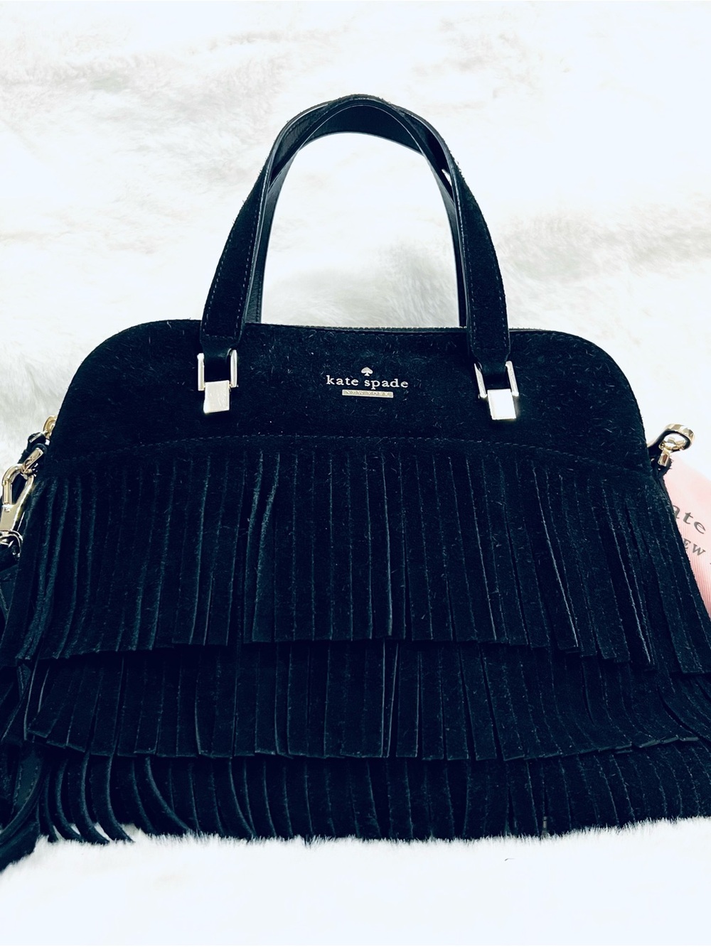 🔥 Kate Spade ♠️ Black Suede Fringe handbag gorgeous bag for fall & winter - Picture 2 of 8